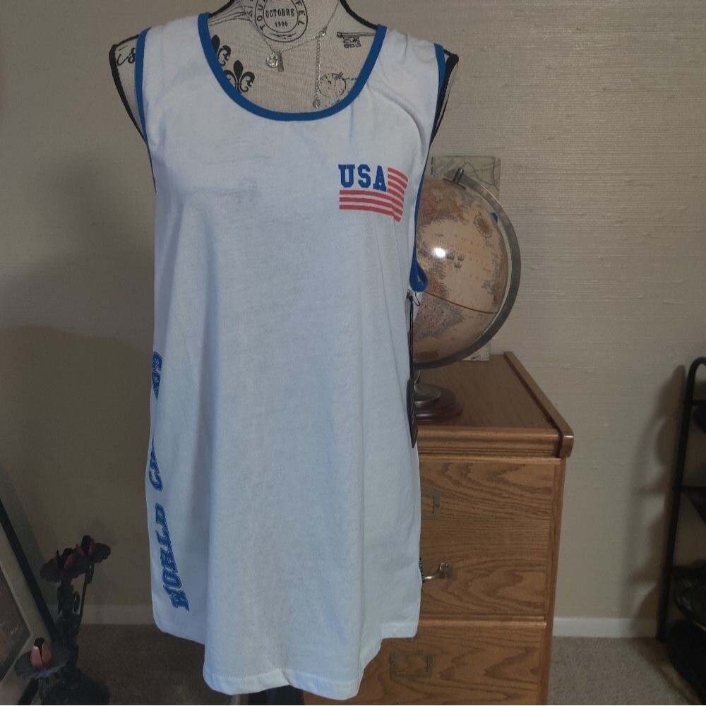 🆕 Brooklyn Cloth White & Blue "USA World Champs" Cotton-blend Muscle tee_Large